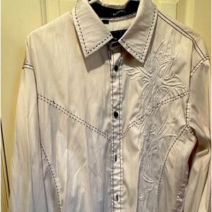 ROAR Men’s Western Style Button Down Shirt with White Embroidery and Satin